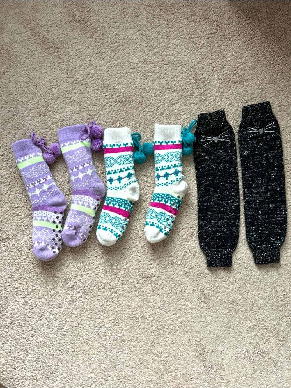 Set of 2 Youth Cozy Cabin Nordic Pom-Pom Crew Socks & 1 Pair Knit Leg Warmers